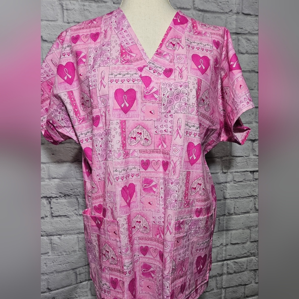 Handcrafted Pink Ribbon Pattern Scrub Top - Picture 2 of 7